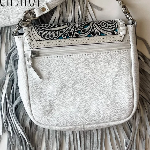NWT White Genuine Leather White and Tan Fringe Shoulder Crossbody Messenger Bag